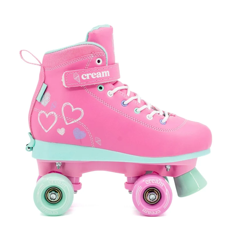 CREAM Scoop Quad Roller Skates, Adjustable - Hearts, Pink/Teal