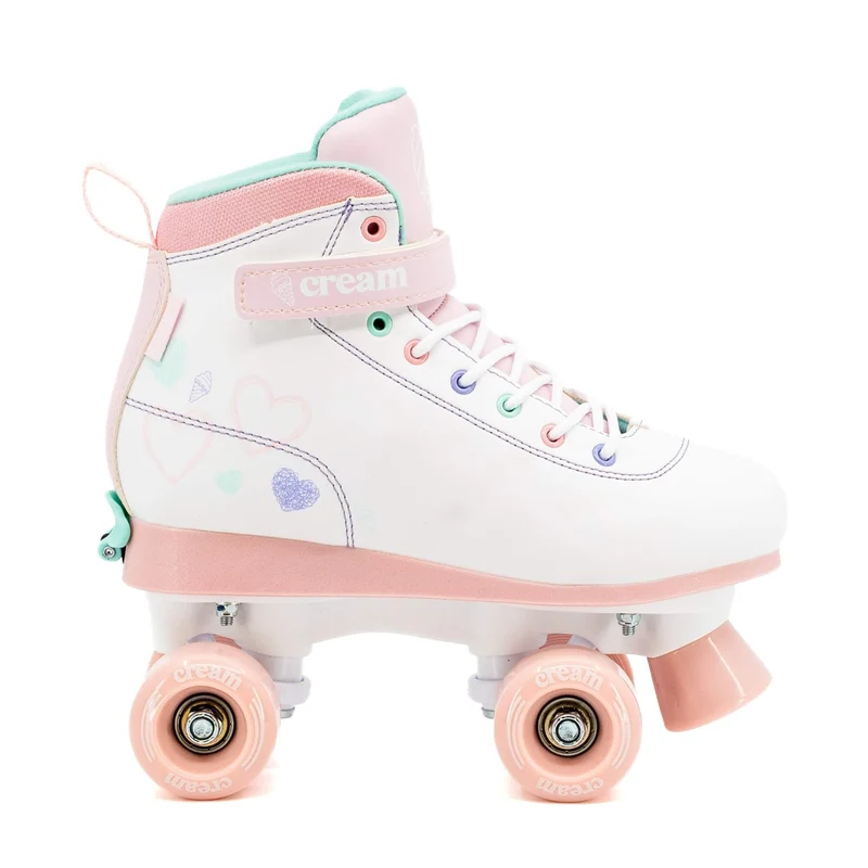 CREAM Scoop Quad Roller Skates, Adjustable - Hearts, White/Pink
