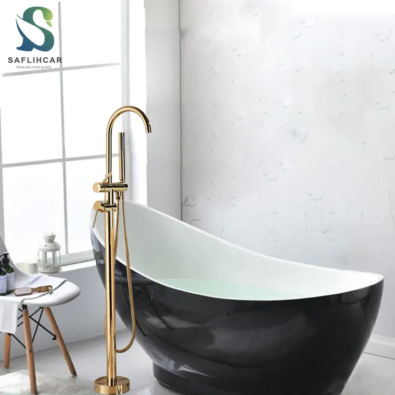 Modern Bathroom Bathtub Faucet with Hand Shower, Hot and Cold, Gold