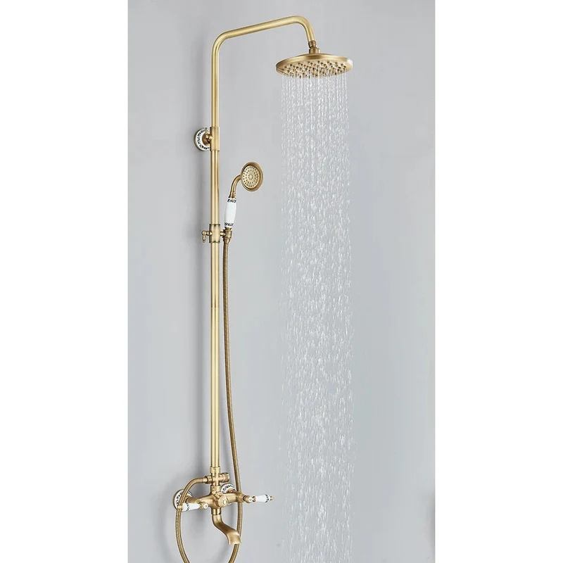 Retro Shower System, Antique Brass Rainfall Shower With Handheld Shower Tub Spout, Gold