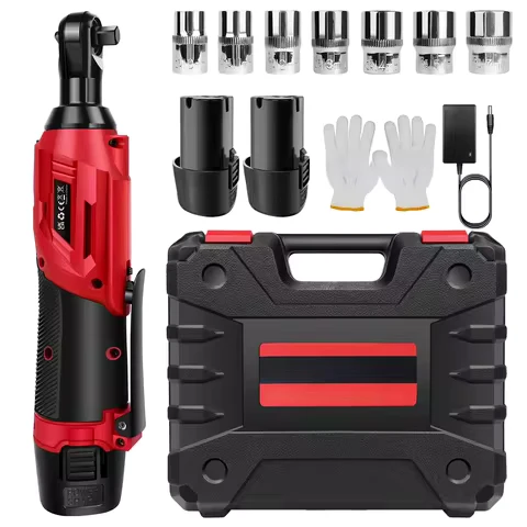 Feytory 200Nm High-Torque 90° Cordless Ratchet Wrench Set 3/8'' Angle Wrench with 2 Durable 1500mAh Lithium-Ion Batteries