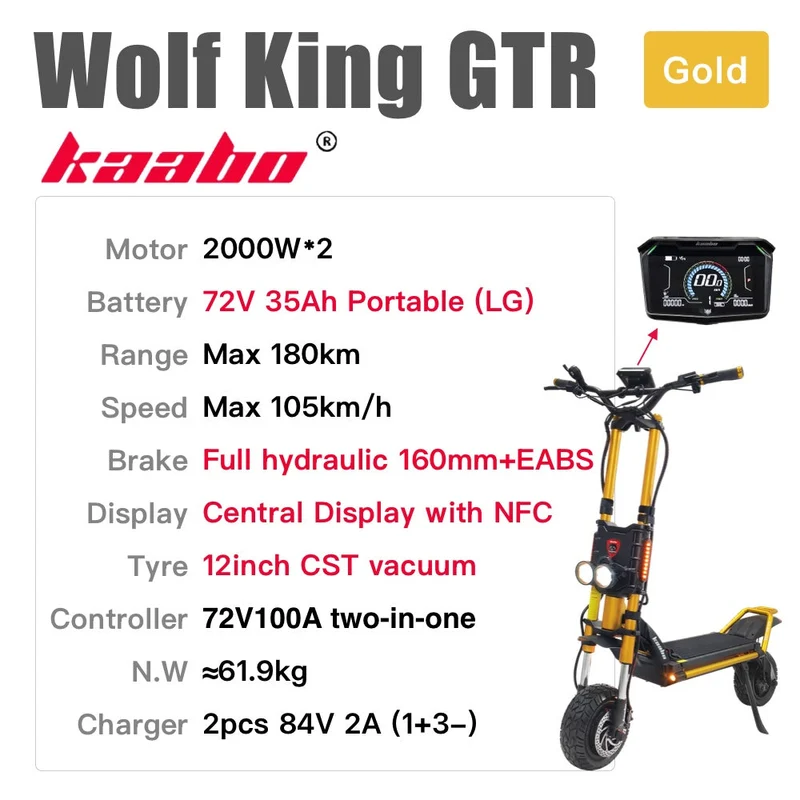 KAABO Wolf King GTR Elektrisk Scooter 2000W 72V 35Ah Guld